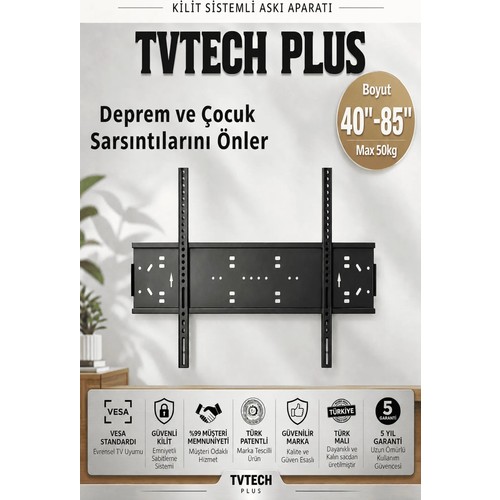 Tvtechplus Tv Duvar Askı Aparatı I 85"-80"-75"-70"-65"-60"-55"-50"-45"-40" I Evrensel Uyum I Deprem ve Çocuk Kilitli I Mini Terazi I Kavisli/Curved I Yerli Üretim I Max Vesa