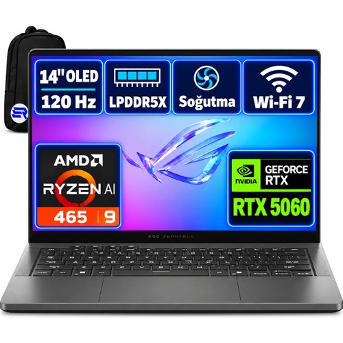 Asus Rog Zephyrus G14 Ryzen Aı9 465 RTX5060 14'' 3k OLED 120Hz WIN11 Pro + Elektropasaj Çanta