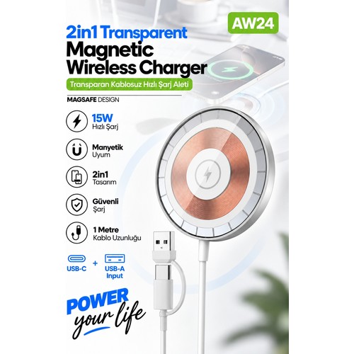 Acl AW24 15W Magsafe Uyumlu Manyetik Kablosuz Hızlı Şarj Aleti, Usb-C Usb-A Çift Girişli 1 Metre Kablolu Şarj Cihazı