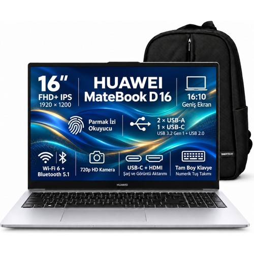Huawei Matebook D16 Mclg-X S4 Intel Core I5-13420H 16 GB 2tb SSD 16'' Wuxga IPS Windows 11 Pro Dizüstü Bilgisayar + Snertech Çanta