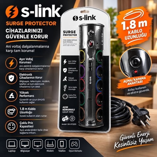 S-link Swapp 1.8M 1860 Joule 1.5mm 2 Usb Port 2.1A/5V 16A 250V 3680W 10lu Akım Kor.Priz