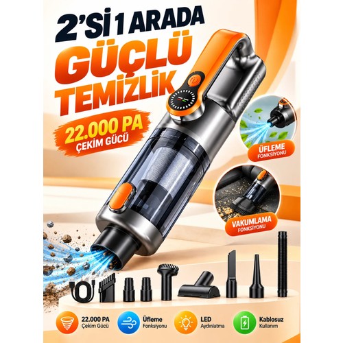 Matechno 2in1 Kablosuz Işıklı Yüksek Performans Araç Süpürgesi Çekim Gücü Vakum ve Üfleme