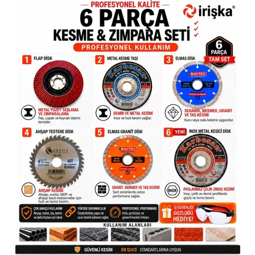 Irişka 6 Parça (115 MM-125 Mm) Kesici Set Metal Ahşap Mermer Kesici Diskler Spiral Avuç Içi Taşlama Seti