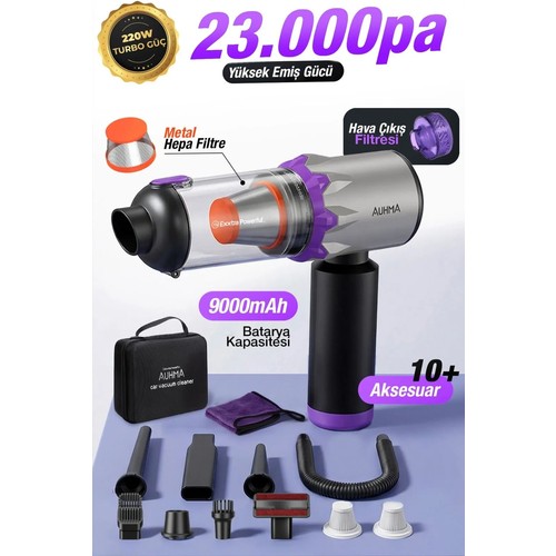 AHV-29 Kablosuz Araç Süpürgesi 220W Güçlü Vakum Üfleme Özellikli Şarjlı Oto Süpürge