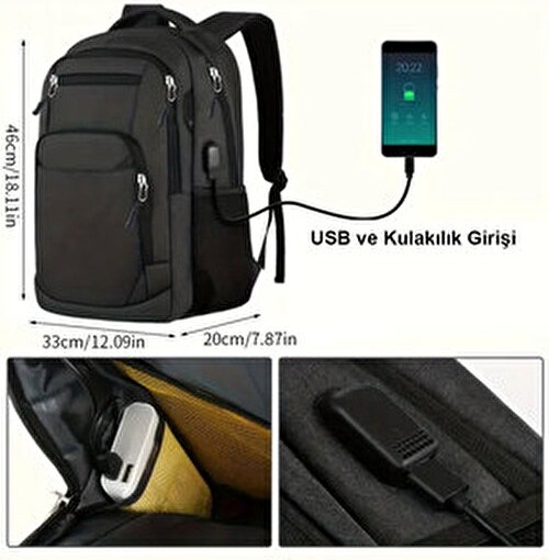 Woys 4 Bölmeli USB Portlu Business ve Seyahat Kullanım Için Siyah Renk Sırt Çantası görsel 3