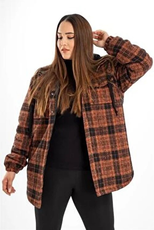 Roxxlen Kadın Kapüşonlu Ekose Kaban Kiremit Polyester Büyük Beden Casual Stil