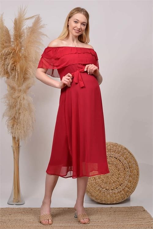 Dip Moda Kadın Kuşaklı Şifon Hamile Elbisesi DPHML8060