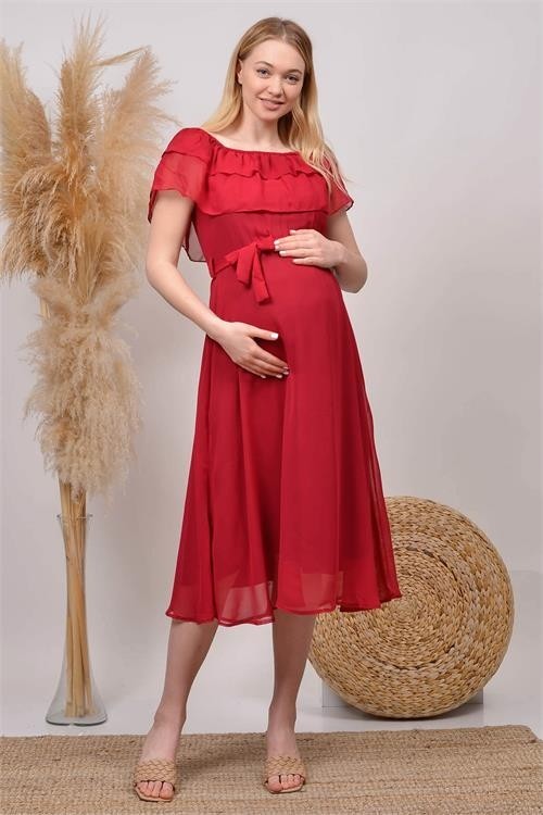 Dip Moda Kadın Kuşaklı Şifon Hamile Elbisesi DPHML8060 görsel 2