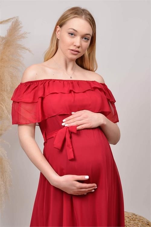 Dip Moda Kadın Kuşaklı Şifon Hamile Elbisesi DPHML8060 görsel 3
