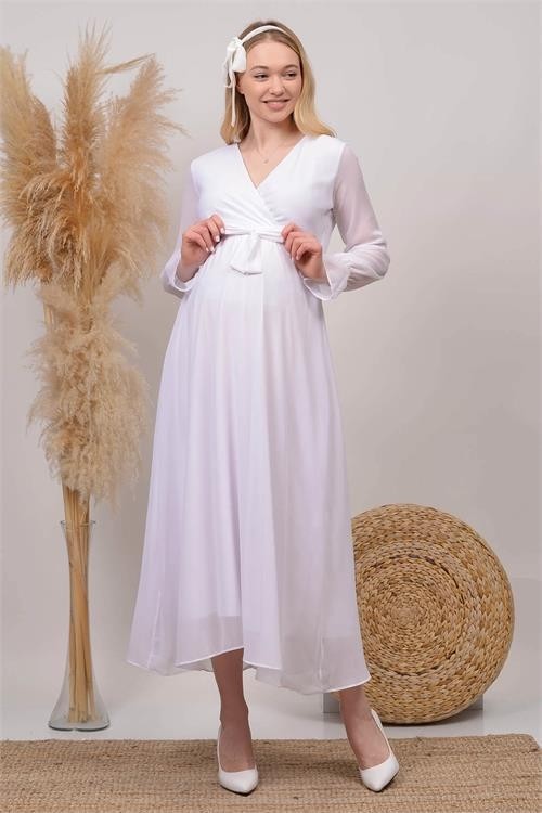 Dip Moda Dipmoda Kadın Beyaz Kruvaze Yaka Baby Shower Şifon Hamile Elbise HML003
