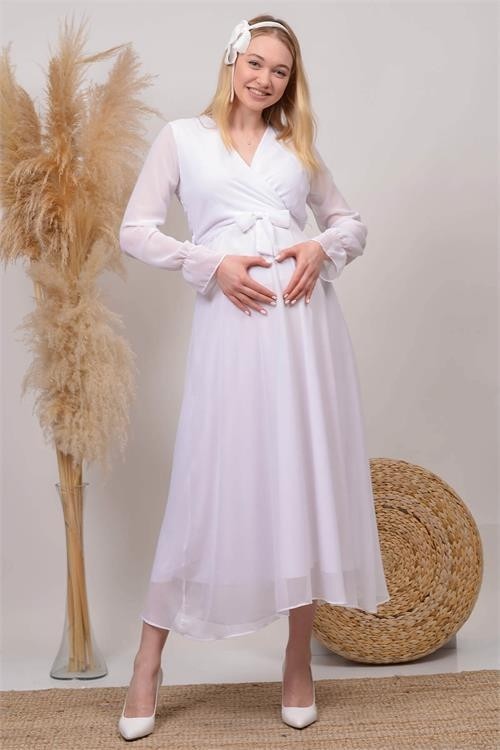 Dip Moda Dipmoda Kadın Beyaz Kruvaze Yaka Baby Shower Şifon Hamile Elbise HML003 görsel 2