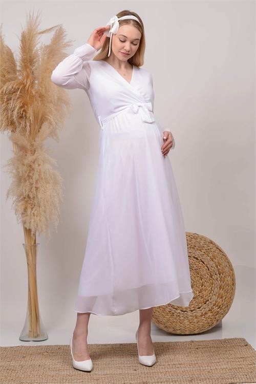 Dip Moda Dipmoda Kadın Beyaz Kruvaze Yaka Baby Shower Şifon Hamile Elbise HML003 görsel 3