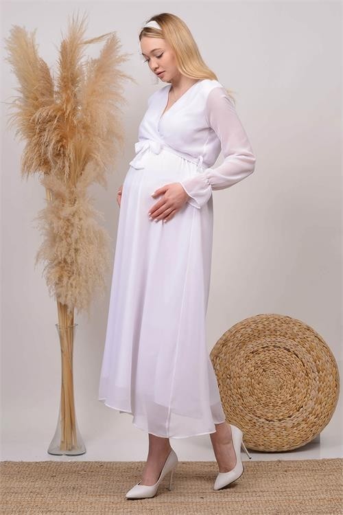 Dip Moda Dipmoda Kadın Beyaz Kruvaze Yaka Baby Shower Şifon Hamile Elbise HML003 görsel 4