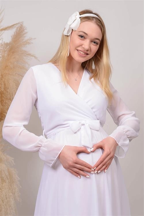 Dip Moda Dipmoda Kadın Beyaz Kruvaze Yaka Baby Shower Şifon Hamile Elbise HML003 görsel 5