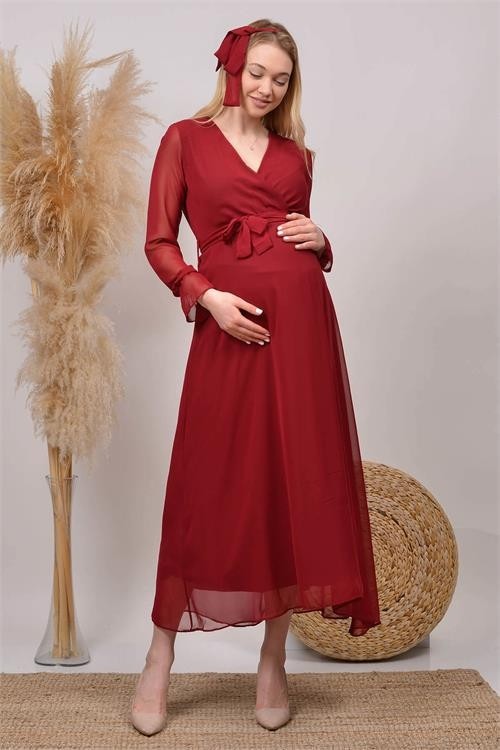 Dip Moda Dipmoda Kadın Yeni Sezon Kruvaze Yaka Şifon Hamile Elbise HML003 görsel 3