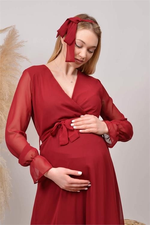 Dip Moda Dipmoda Kadın Yeni Sezon Kruvaze Yaka Şifon Hamile Elbise HML003 görsel 4