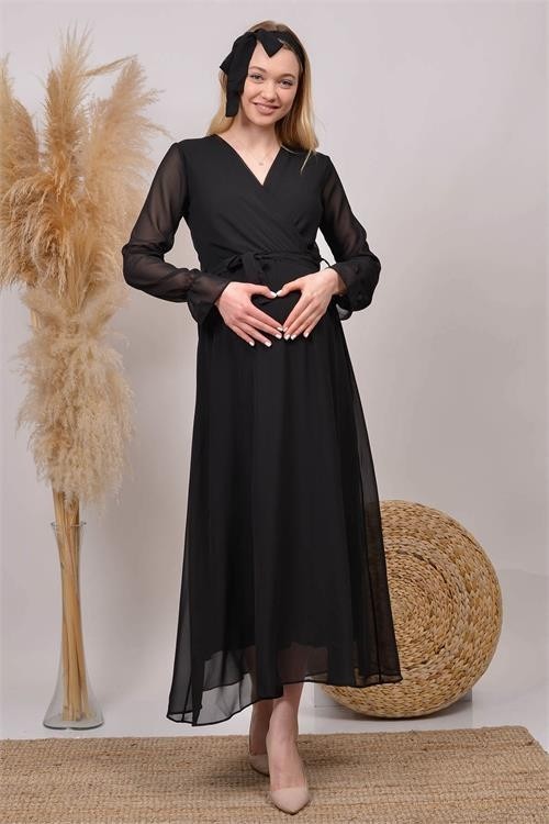 Dip Moda Dipmoda Kadın Siyah Kruvaze Yaka Baby Shower Şifon Hamile Elbise HML003 görsel 7