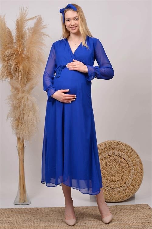 Dip Moda Dipmoda Kadın Saks Mavisi Baby Shower Şifon Hamile Elbise HML003