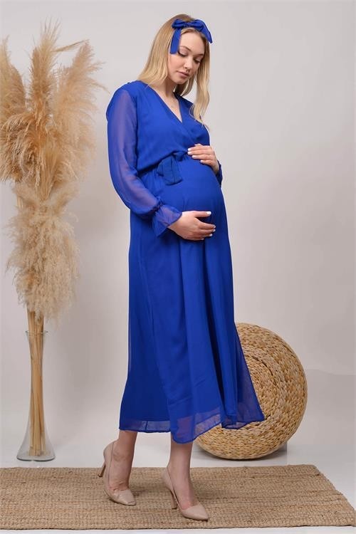 Dip Moda Dipmoda Kadın Saks Mavisi Baby Shower Şifon Hamile Elbise HML003 görsel 2