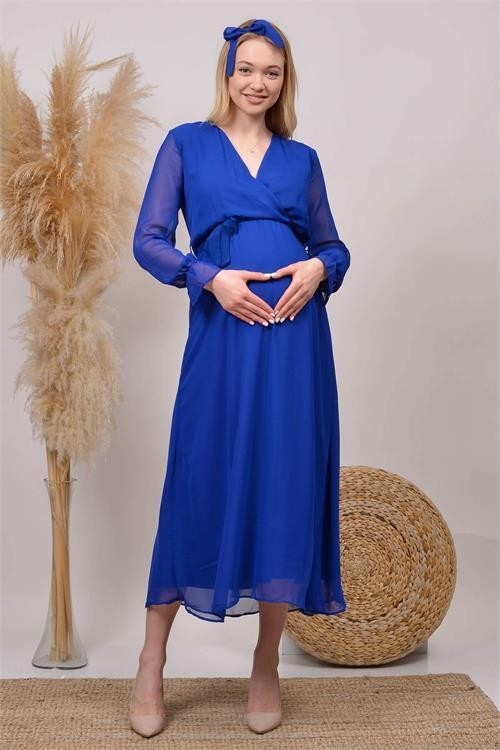 Dip Moda Dipmoda Kadın Saks Mavisi Baby Shower Şifon Hamile Elbise HML003 görsel 3