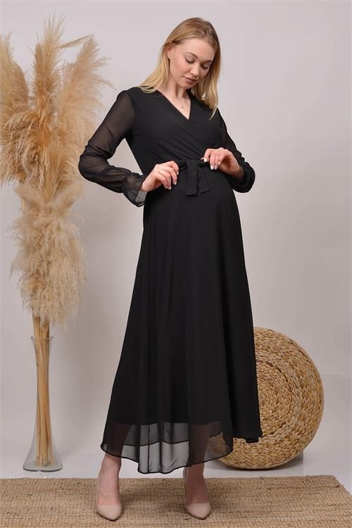 Dip Moda Dipmoda Kadın Siyah Kruvaze Yaka Baby Shower Şifon Hamile Elbise HML003 görsel 2