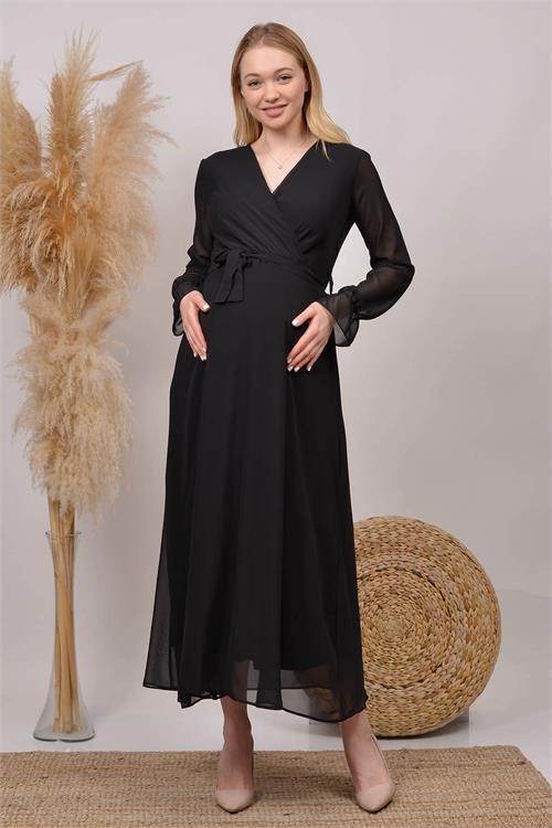Dip Moda Dipmoda Kadın Siyah Kruvaze Yaka Baby Shower Şifon Hamile Elbise HML003 görsel 3