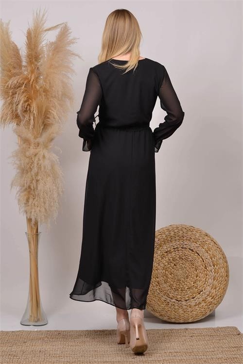 Dip Moda Dipmoda Kadın Siyah Kruvaze Yaka Baby Shower Şifon Hamile Elbise HML003 görsel 5