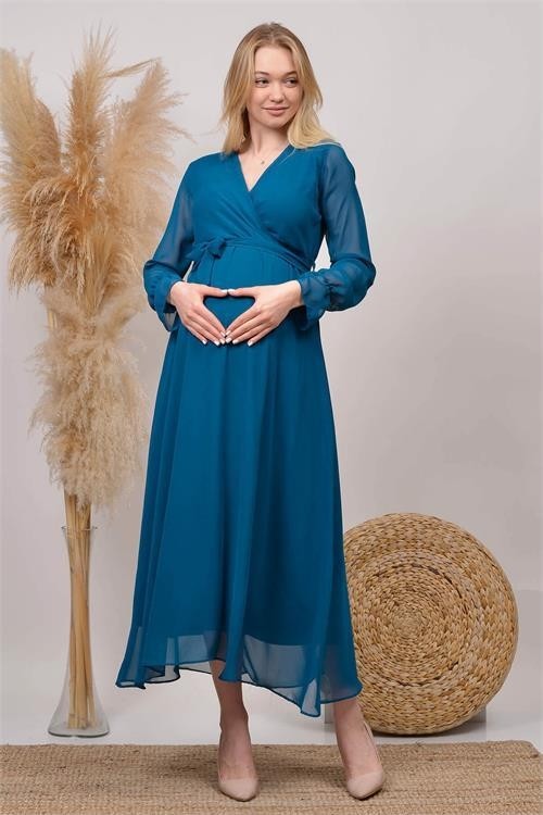 Dip Moda Dipmoda Kadın Yeni Sezon Kruvaze Yaka Şifon Hamile Elbise HML003 görsel 2