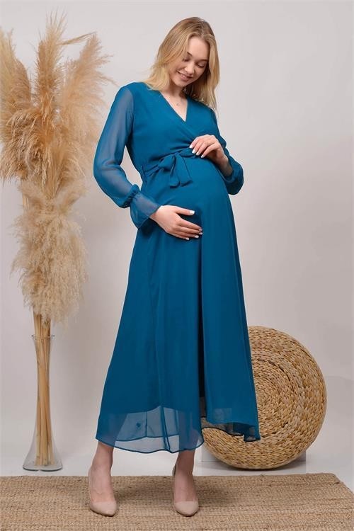 Dip Moda Dipmoda Kadın Yeni Sezon Kruvaze Yaka Şifon Hamile Elbise HML003 görsel 3