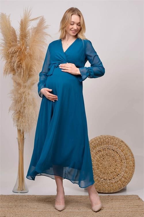 Dip Moda Dipmoda Kadın Yeni Sezon Kruvaze Yaka Şifon Hamile Elbise HML003 görsel 4