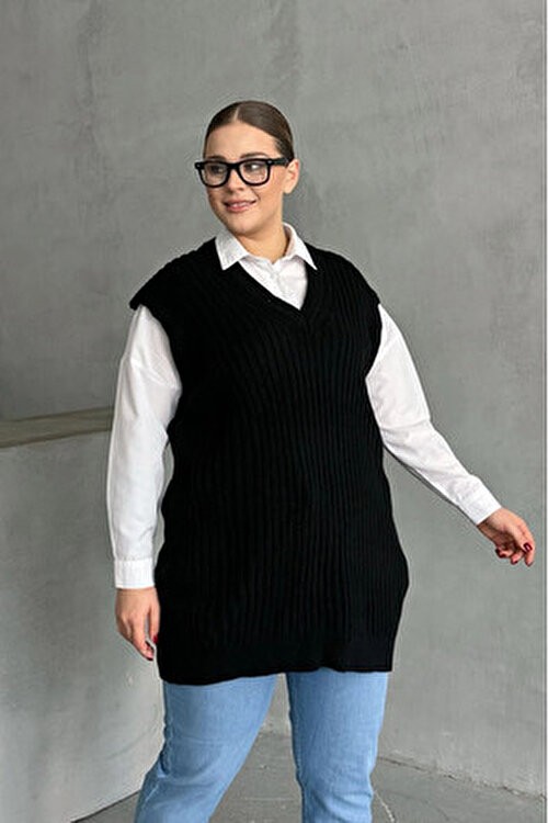 Stil Diva Büyük Beden V Yaka Kısa Kollu Triko Süveter Siyah Renkli Şık Tasarım 302134 görsel 6
