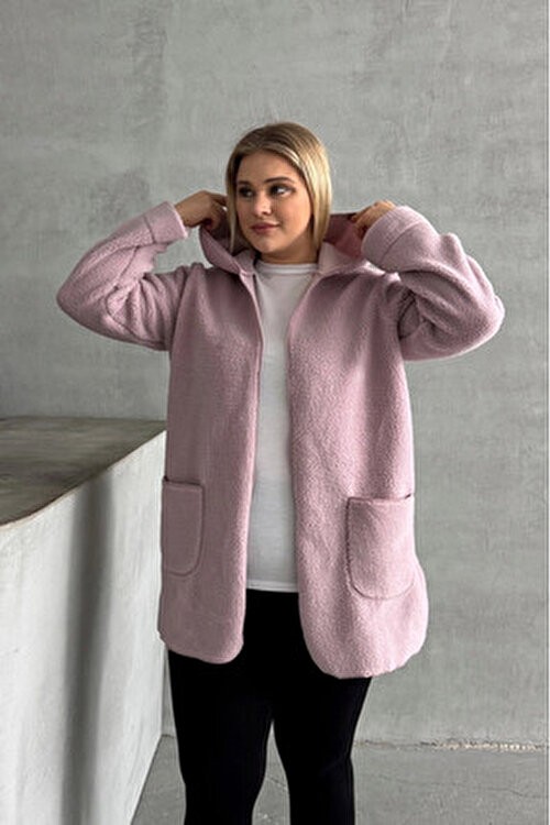Stil Diva 97-14 Kadın Büyük Beden Kapüşonlu Uzun Kollu Peluş Ceket Yumuşak Dokulu Cepli görsel 4