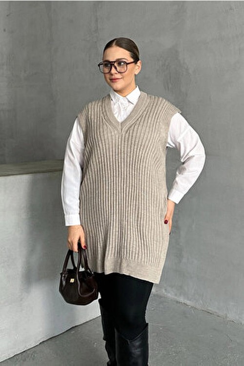 Stil Diva Büyük Beden V Yaka Kısa Kollu Triko Süveter 302133 Şık ve Rahat Tasarım görsel 2