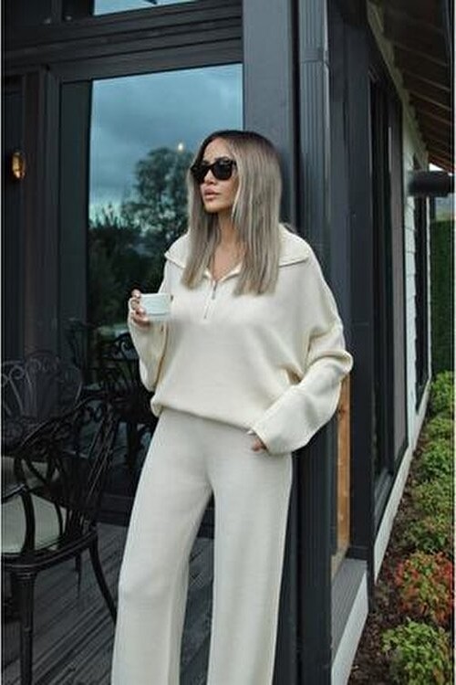 Mrs. Poleen Kadın Oversize Triko Alt-Üst Takım Günlük Kullanım İçin Desensiz görsel 6