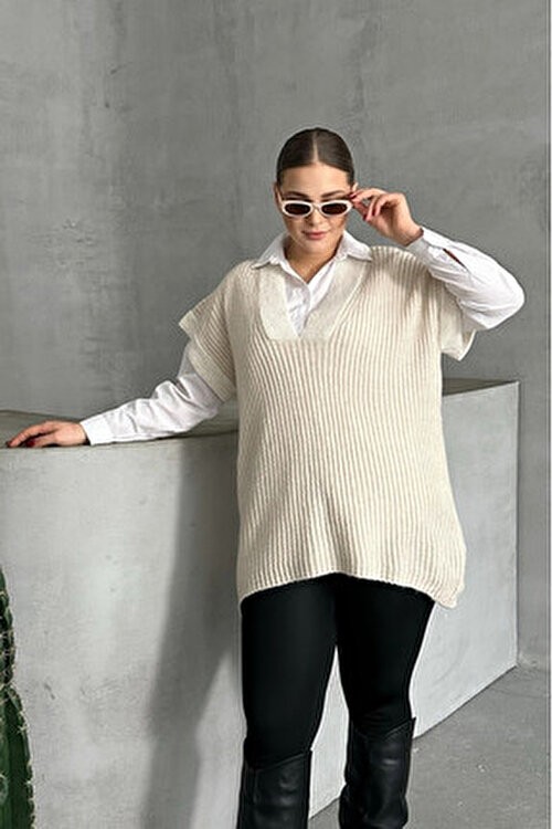 Stil Diva V Yaka Kısa Kollu Triko Süveter Büyük Beden Rahat Kullanım 302137 görsel 3