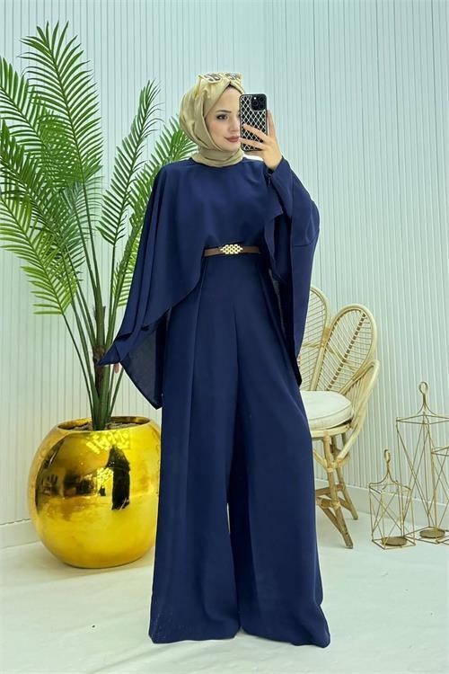 Neşeli Butik Kadın Pelerinli Kemer Detaylı Lacivert Tesettür Tulum %100 Polyester Rahat Kesim