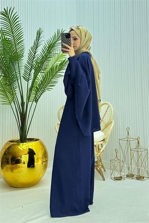 Neşeli Butik Kadın Pelerinli Kemer Detaylı Lacivert Tesettür Tulum %100 Polyester Rahat Kesim görsel 3
