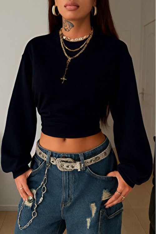 Tarz Cool Kadın Lacivert Bisiklet Yaka Belden Oturtmalı Tasarım Sweatshirt