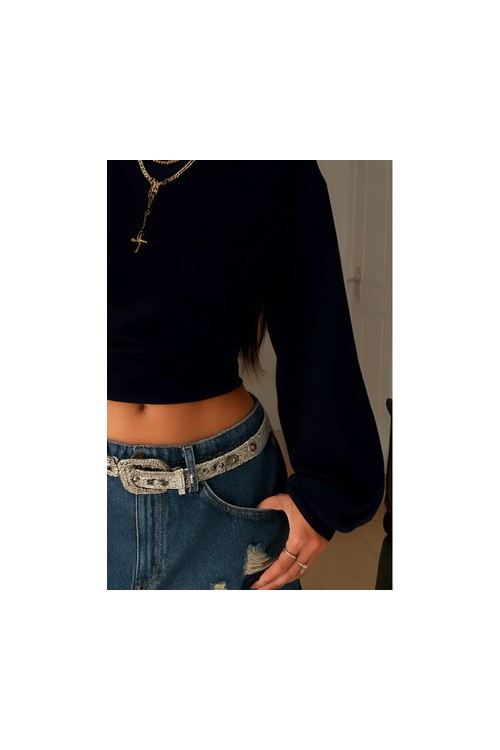 Tarz Cool Kadın Lacivert Bisiklet Yaka Belden Oturtmalı Tasarım Sweatshirt görsel 3