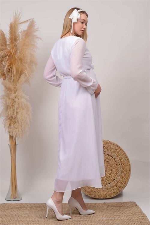 Dip Moda Dipmoda Kadın Beyaz Kruvaze Yaka Baby Shower Şifon Hamile Elbise HML003 görsel 6