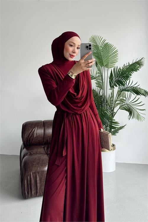 Neşeli Butik Kadın Bordo Degaje Yaka Kuşaklı Sandy Kumaş Tesettür Tulum NMS089 görsel 2