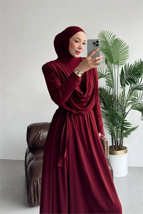 Neşeli Butik Kadın Bordo Degaje Yaka Kuşaklı Sandy Kumaş Tesettür Tulum NMS089 görsel 3