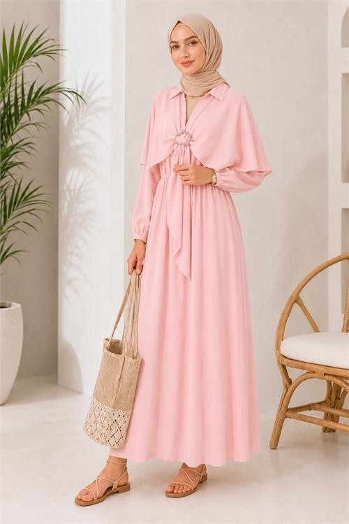 Neşeli Butik Kadın Siyah Pelerin Detaylı Gömlek Yaka Bel Lastikli Tesettür Elbise NBELB014 görsel 2