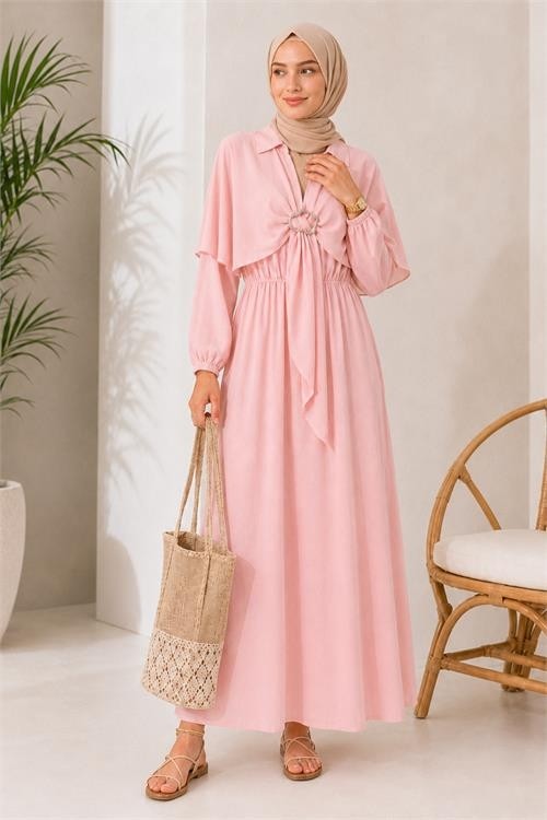 Neşeli Butik Kadın Siyah Pelerin Detaylı Gömlek Yaka Bel Lastikli Tesettür Elbise NBELB014 görsel 4
