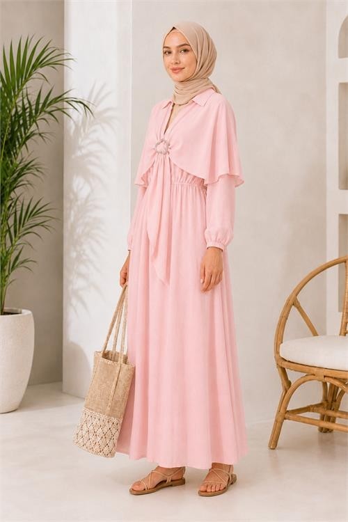 Neşeli Butik Kadın Siyah Pelerin Detaylı Gömlek Yaka Bel Lastikli Tesettür Elbise NBELB014 görsel 5