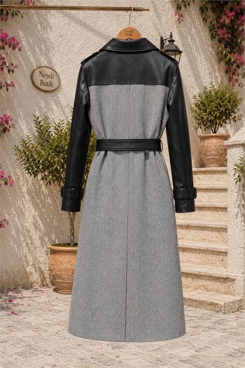 Neşeli Butik Kadın Gri Deri Detaylı Tam Boy Balıksırtı Kaşe Kaban NBHT01