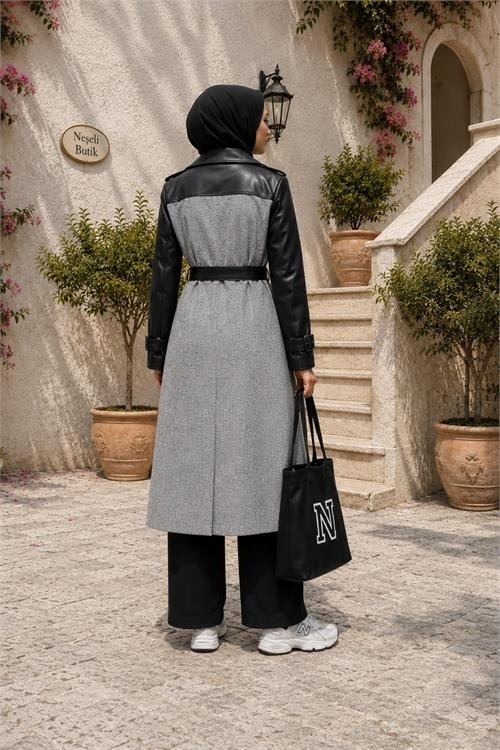 Neşeli Butik Kadın Gri Deri Detaylı Tam Boy Balıksırtı Kaşe Kaban NBHT01 görsel 2
