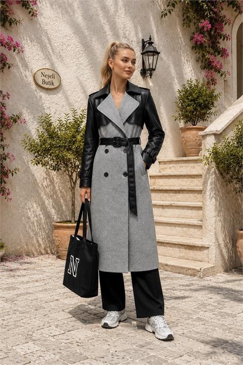 Neşeli Butik Kadın Gri Deri Detaylı Tam Boy Balıksırtı Kaşe Kaban NBHT01 görsel 3