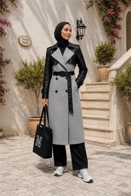 Neşeli Butik Kadın Gri Deri Detaylı Tam Boy Balıksırtı Kaşe Kaban NBHT01 görsel 5