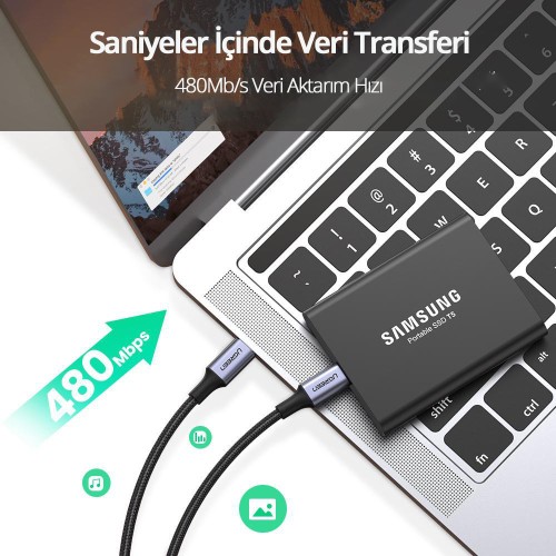 Ugreen Usb-C 100W 5A Qc Pd Örgülü Hızlı Şarj Kablosu, 3 Metre, Siyah - 90120